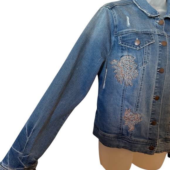 Max Jeans Blue Jean Jacket with Neutral Embroidery LARGE #X - Picture 6 of 8